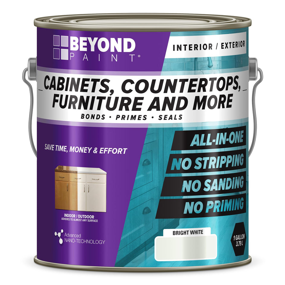 Beyond Paint Bright White gallon label showing all-in-one refinishing solution