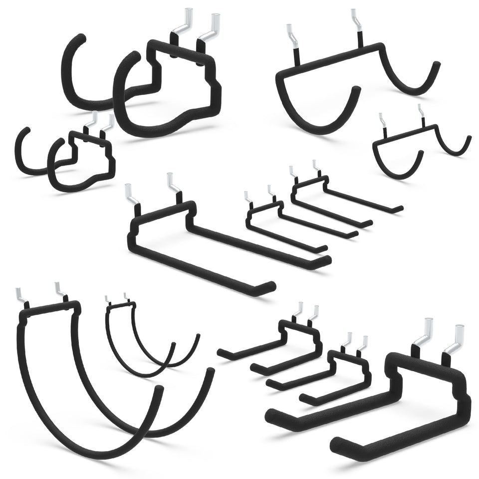 BFPeaky 12pc black pegboard hooks secure tools on 1/4-inch boards.