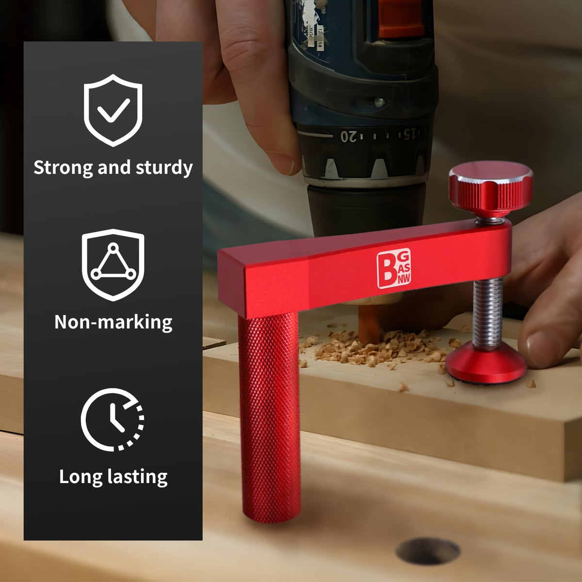 BGASNW clamp with non-marking silicone pads protects wood surfaces.