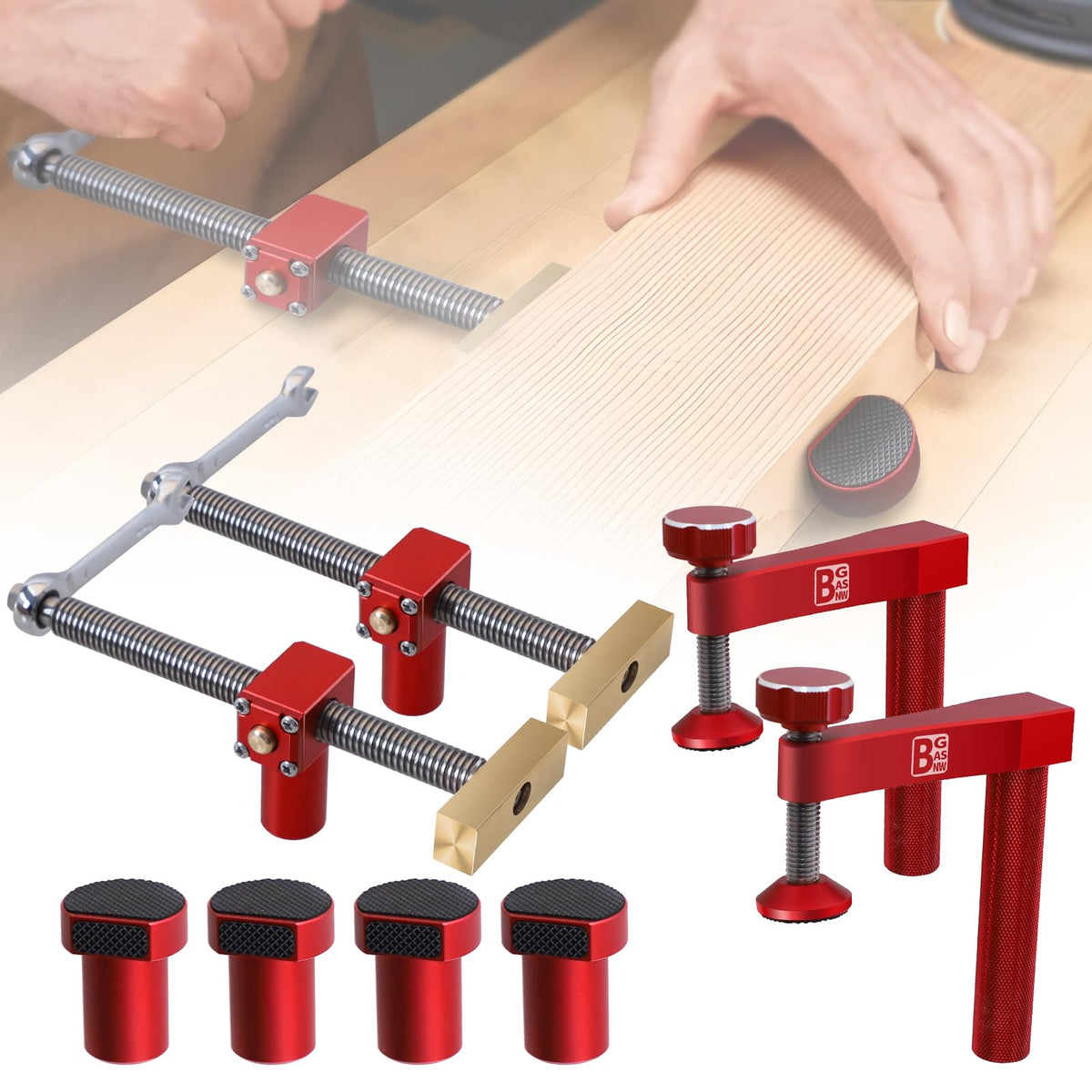 BGASNW bench dogs clamp set in action providing stable hold.