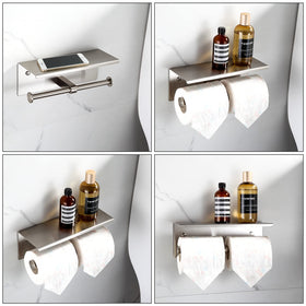 BGL brushed nickel wall mounted toilet paper holder showcases a durable, space saving design.