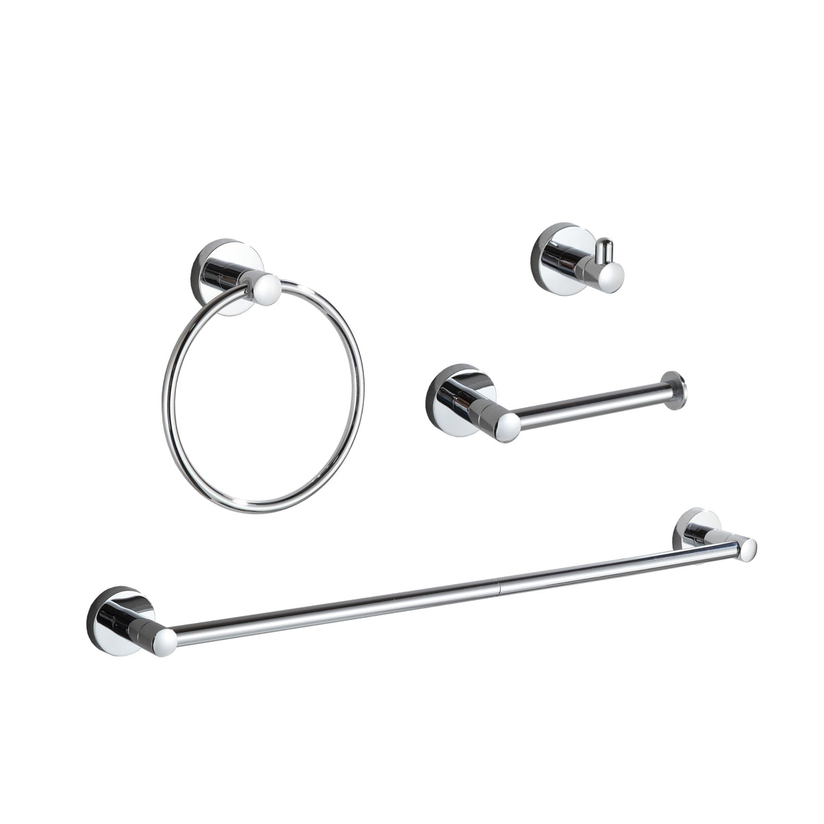 BGL chrome 4-piece bathroom set assembled, showcasing a complete storage solution for tidy spaces