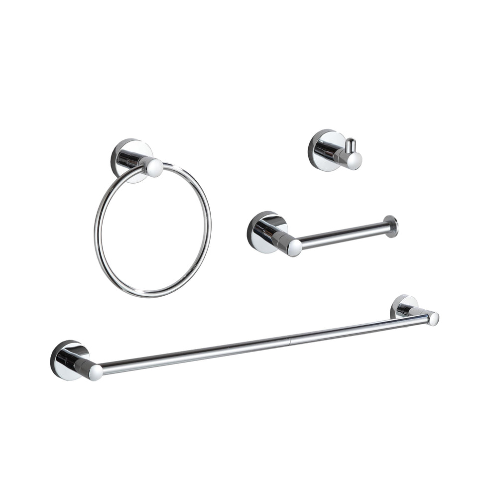 BGL chrome 4-piece bathroom set assembled, showcasing a complete storage solution for tidy spaces