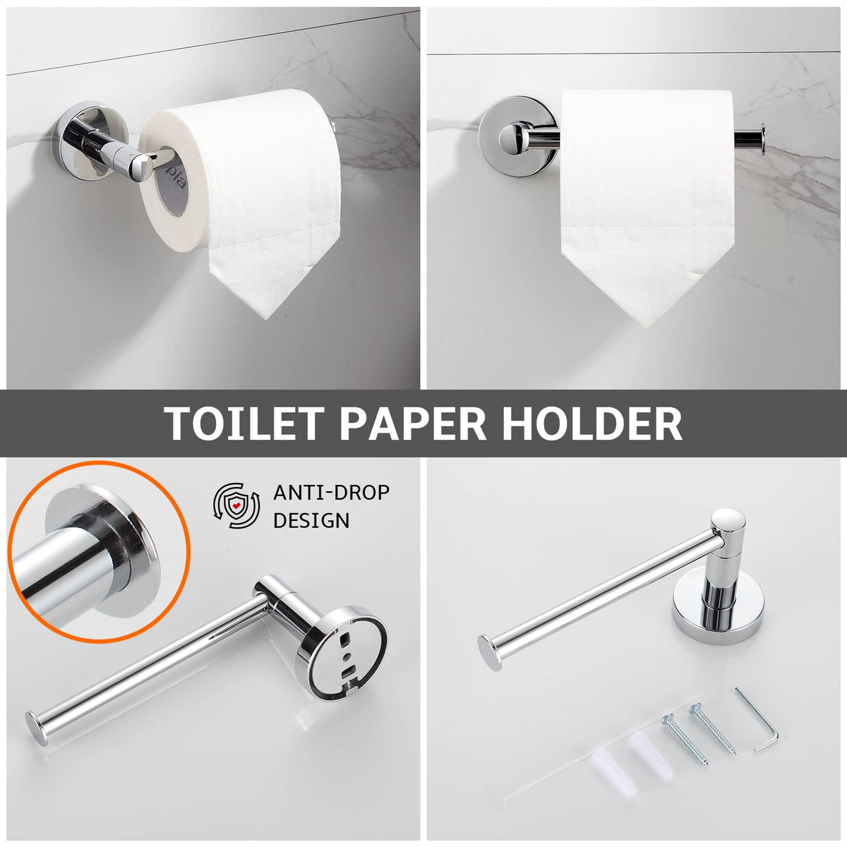 BGL chrome toilet paper holder closeup emphasizes sturdy mounting and smooth roll