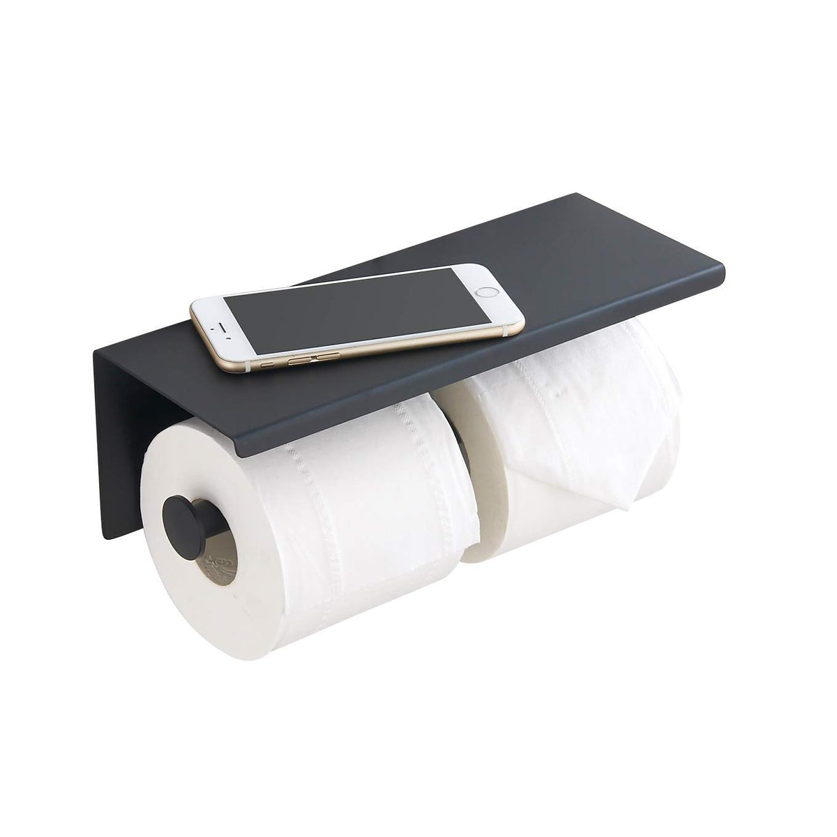 BGL double toilet paper holder with matte black shelf for convenient bathroom storage.