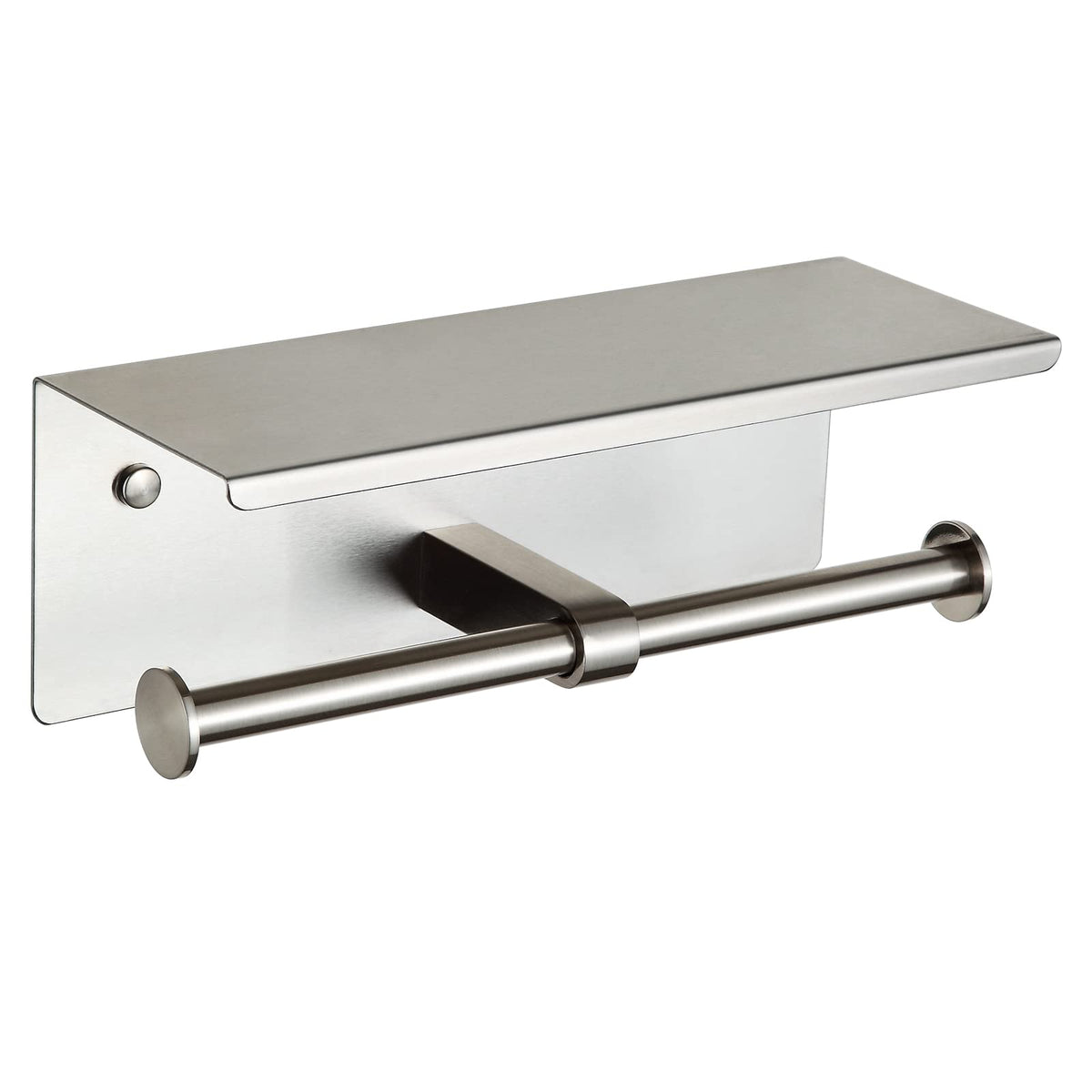 BGL double toilet paper holder with shelf in brushed nickel keeps two rolls ready and essentials tidy.