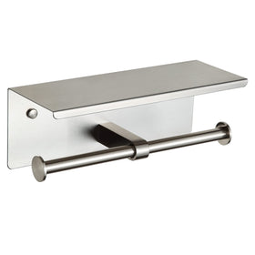 BGL double toilet paper holder with shelf in brushed nickel keeps two rolls ready and essentials tidy.