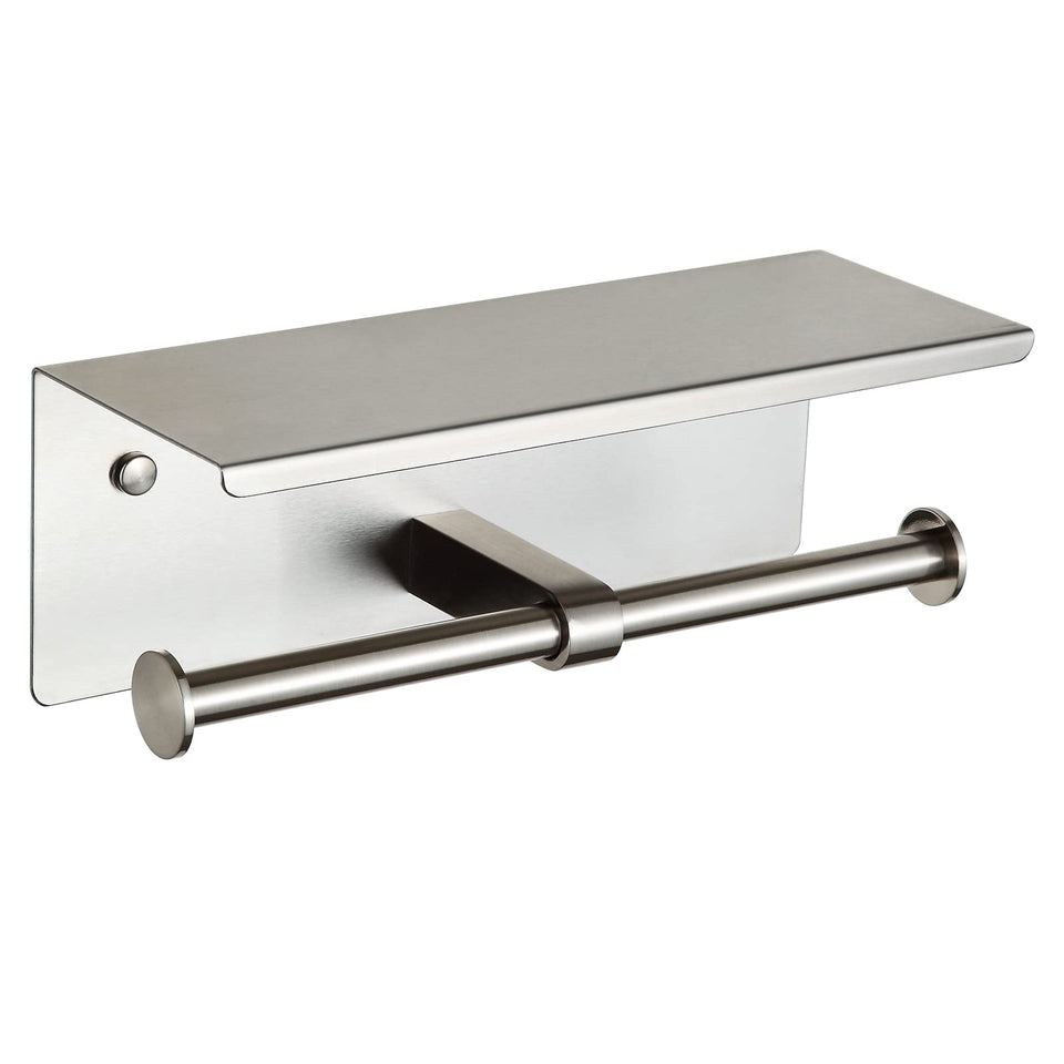 BGL double toilet paper holder with shelf in brushed nickel keeps two rolls ready and essentials tidy.