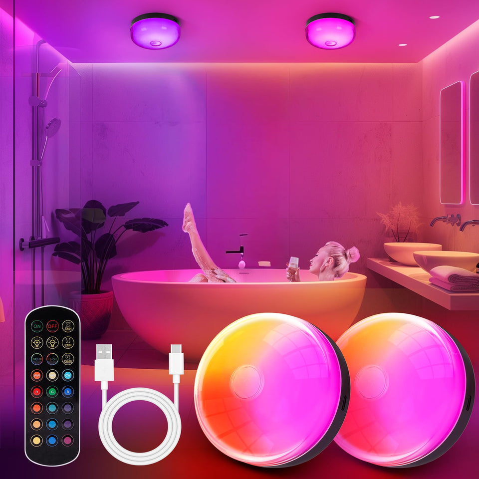 Bgmonster 2-pack shower light inside shower provides ambient RGB illumination for spa-like showers.