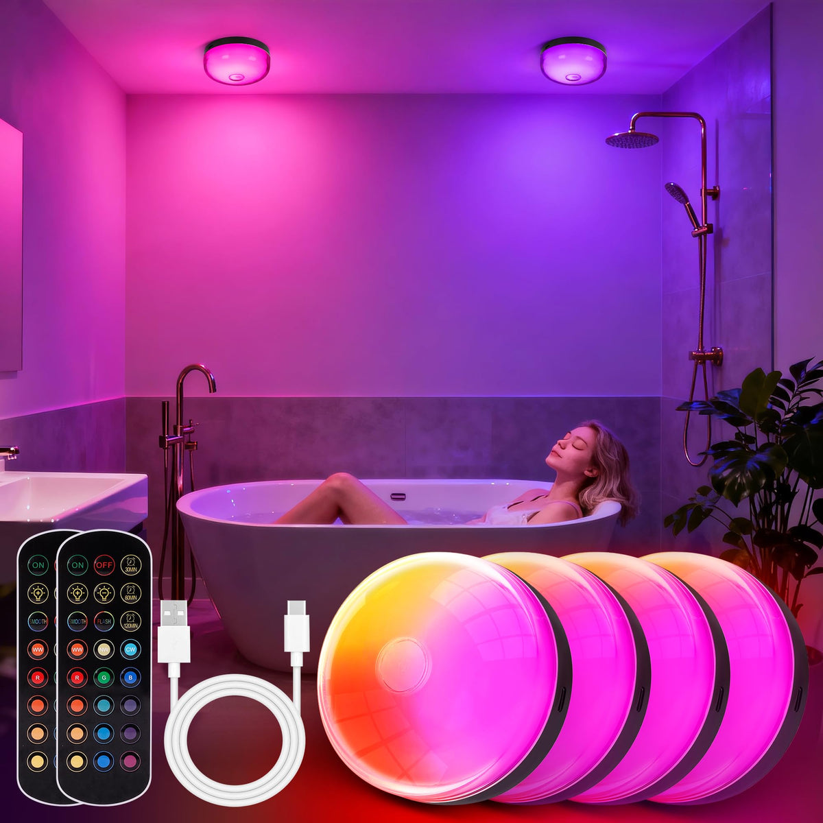 Bgmonster 4-pack shower lights ready for easy bathroom ambience and party vibes.