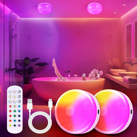 Bgmonster 2-pack shower light packaging highlights easy wireless setup in bathroom.