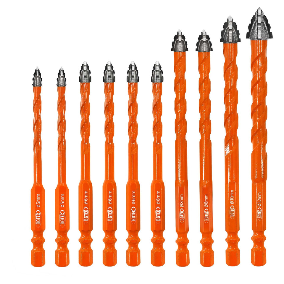 BGTEC serrated carbide masonry drill bit set tip closeup shows precision start for smooth holes