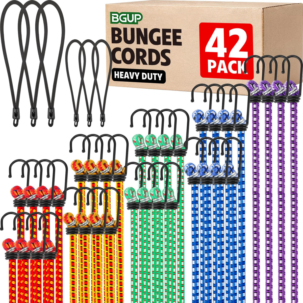 BGUP 42-pack 18in bungee cords provide secure cargo solution for camping and hauling.