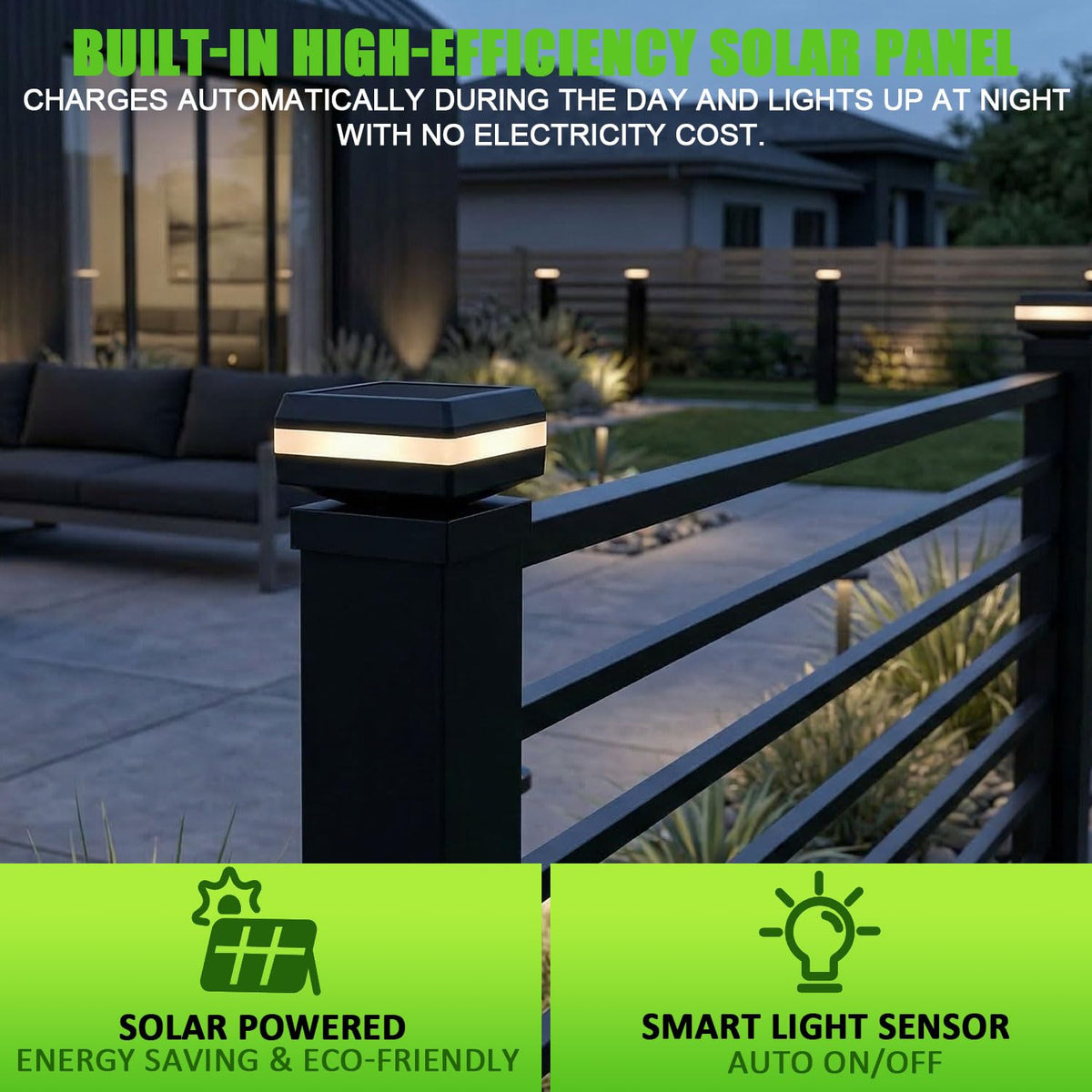BH Railing solar post cap lights with built-in solar panel for maintenance-free charging.
