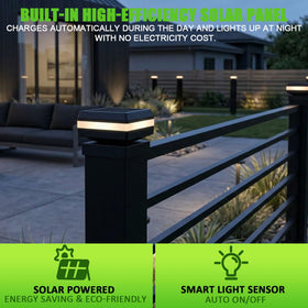 BH Railing solar post cap lights with built-in solar panel for maintenance-free charging.
