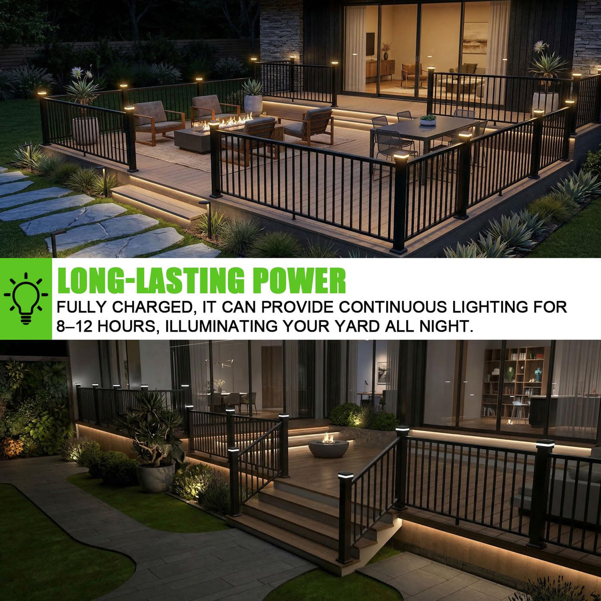 BH Railing post cap lights with interchangeable bases for 2x2, 2.5x2.5, and 3x3 posts.