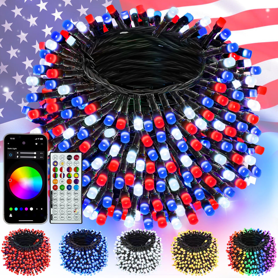 BHCLIGHT 240LED patriotic string lights for outdoor decor with app control, ideal for large-scale décor