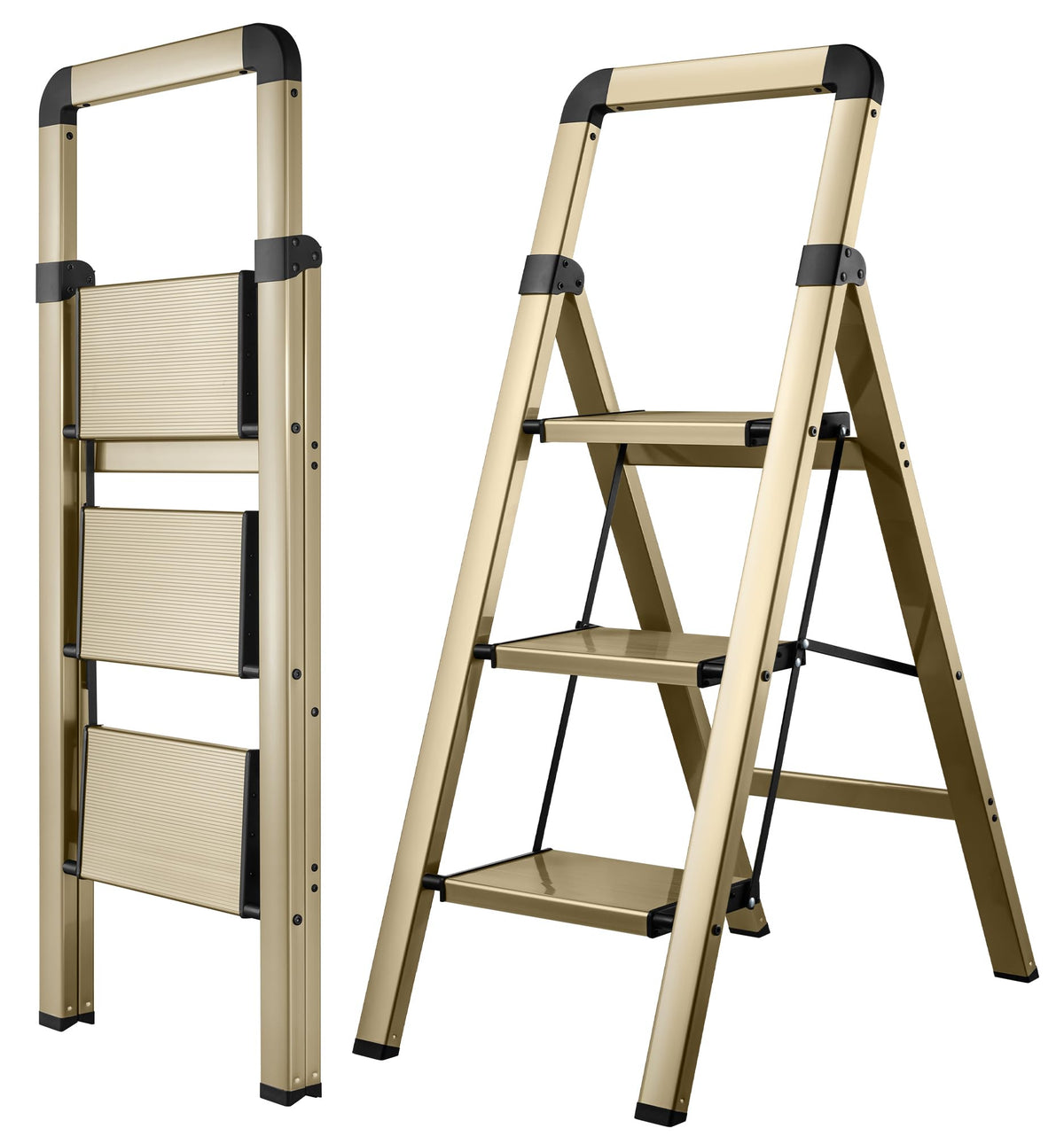 BIBKOKE 3-step ladder with champagne-gold finish for stylish indoor reach.