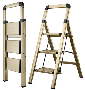 BIBKOKE 3-step ladder with champagne-gold finish for stylish indoor reach.