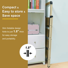BIBKOKE champagne-gold finish folding ladder folds flat for closet storage.