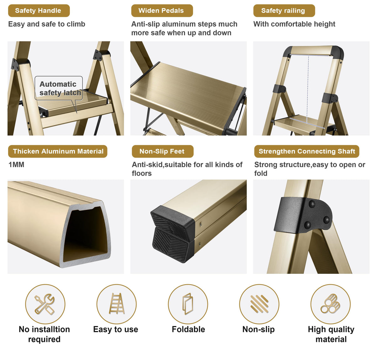 Non-slip pedals on the BIBKOKE ladder ensure secure footing.