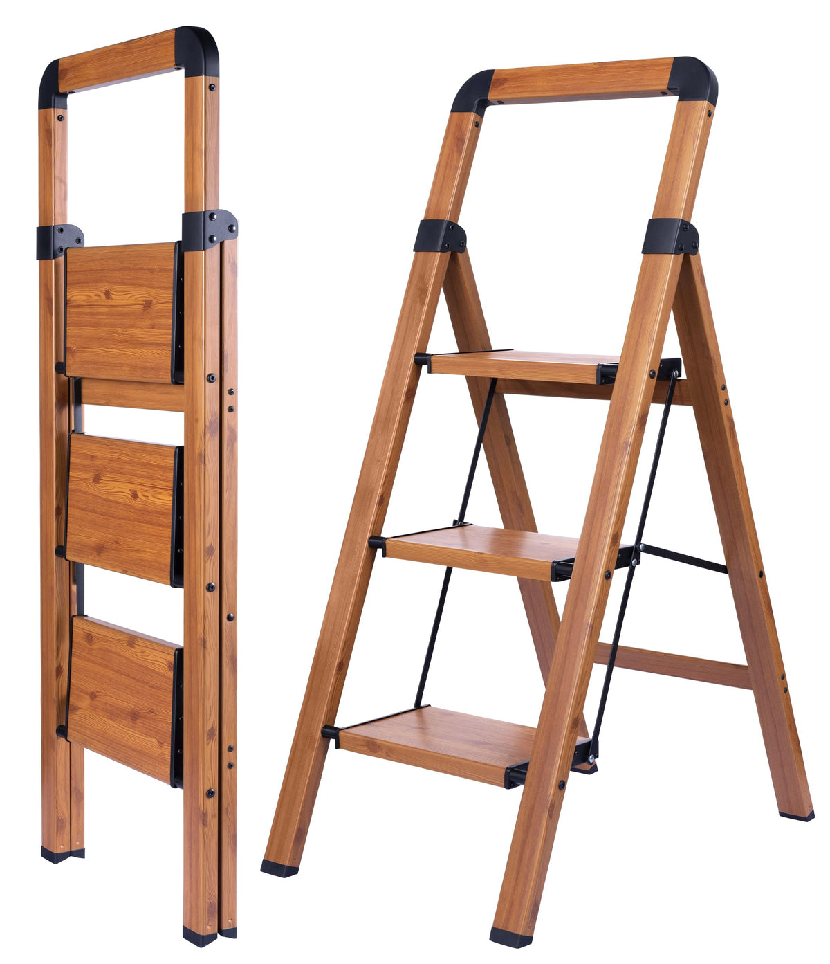 Bibkoke 3-step ladder in woodgrain finish ready for high shelf reach and routine tasks