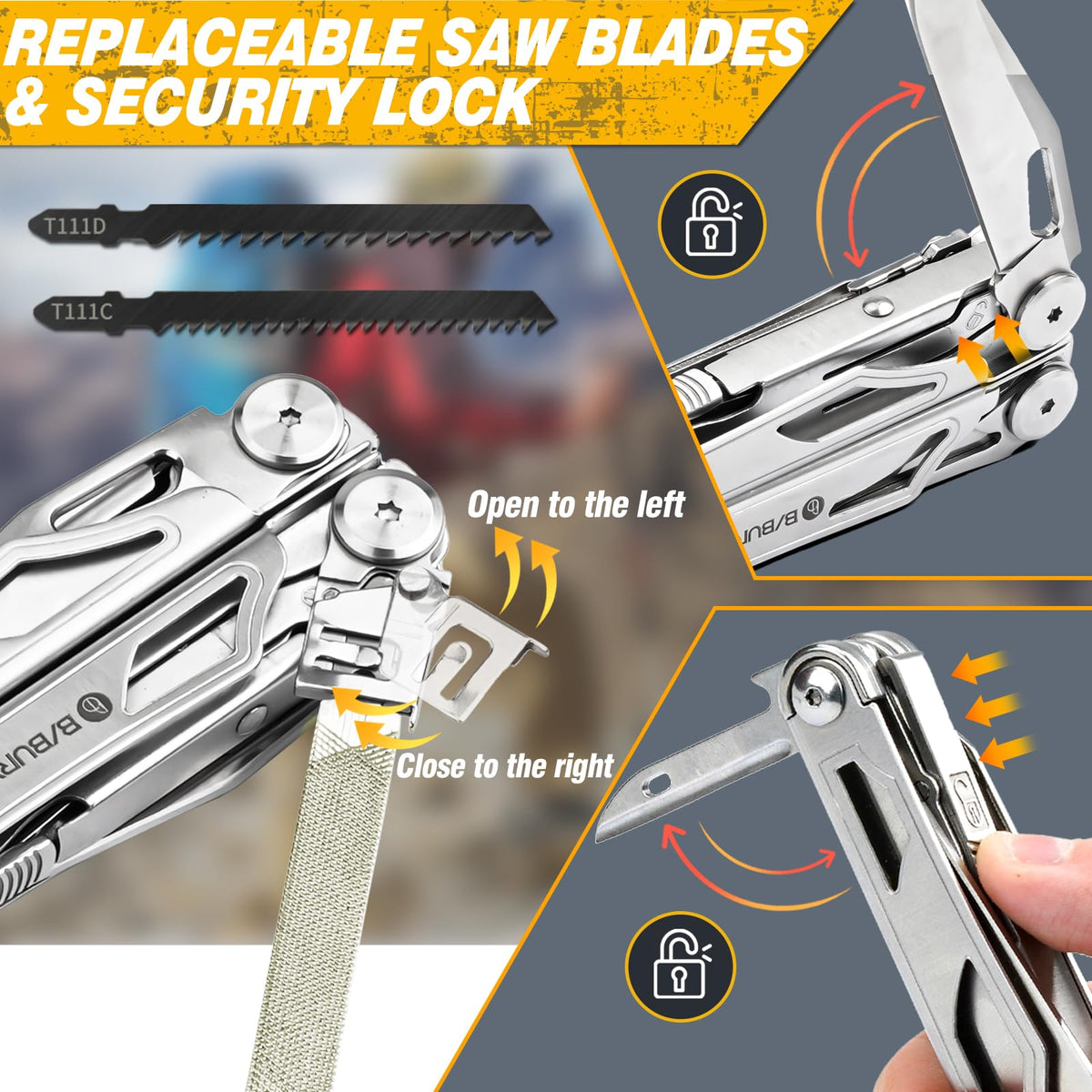 Bibury Multitool with 31 tools and nylon sheath for portability.