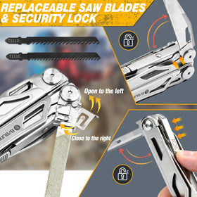 Bibury Multitool with 31 tools and nylon sheath for portability.