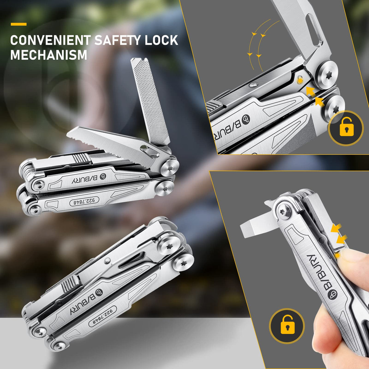 Bibury multitool includes can and bottle openers for everyday tasks.
