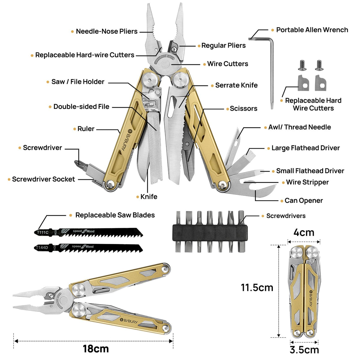 BIBURY Multitool Pro replaceable wire-cutters for durable cuts on site.