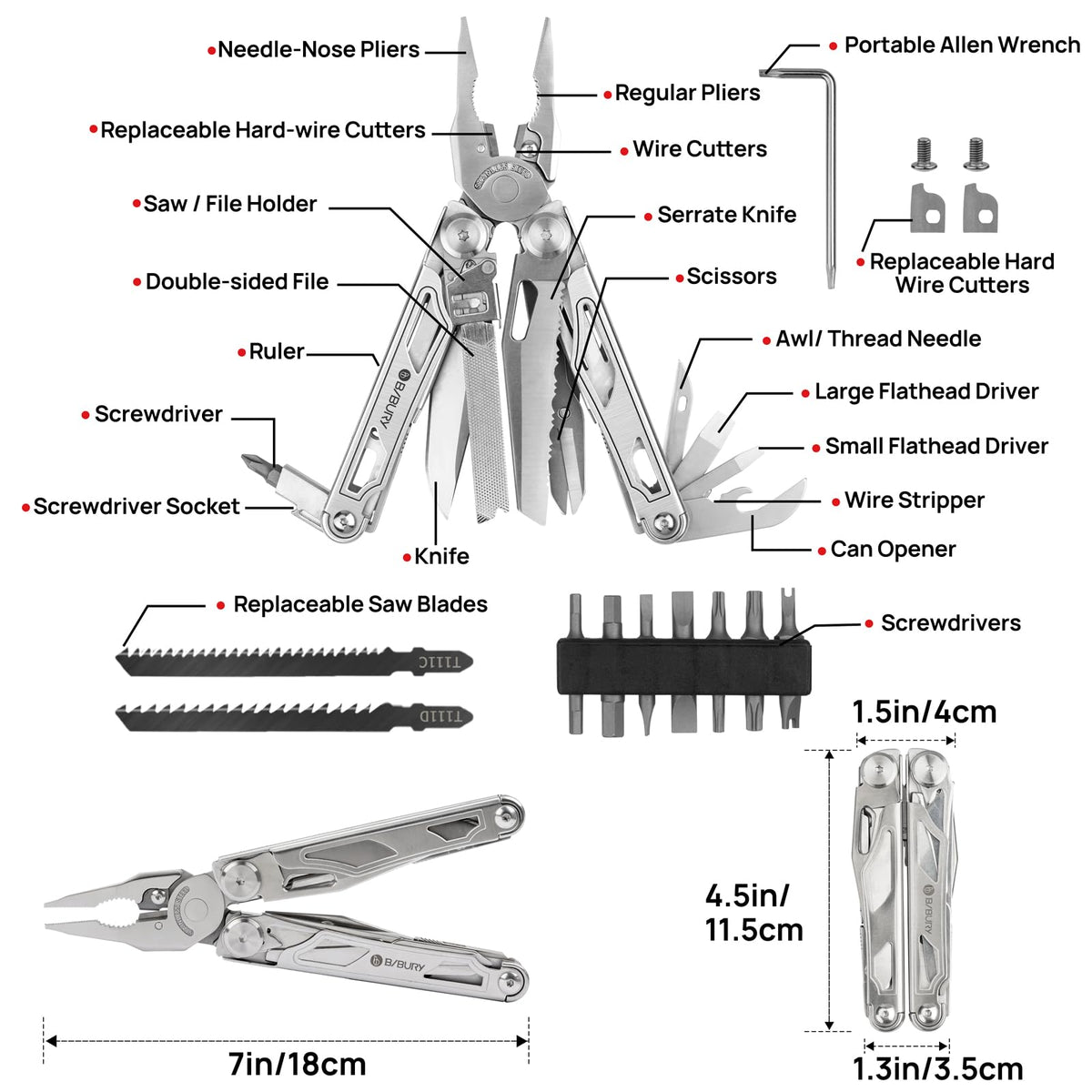 Bibury Multitool Pro with replaceable wire cutters for tough jobs.