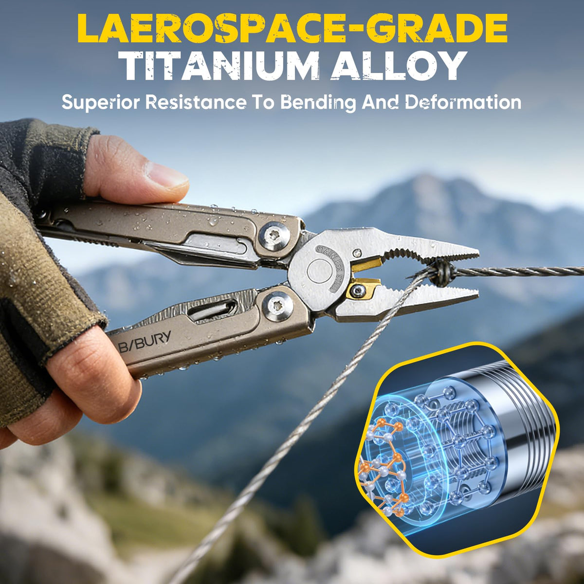 BIBURY TI multitool shown with one-handed access for fast deployment.