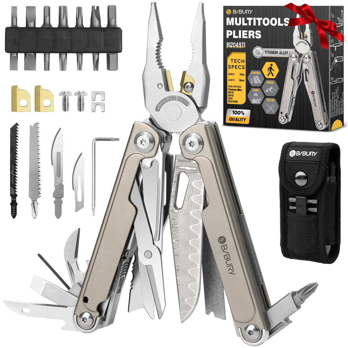BIBURY Titanium alloy multitool with Damascus knife for durable outdoor cutting.