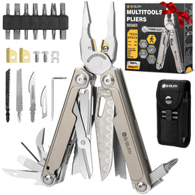 BIBURY Titanium alloy multitool with Damascus knife for durable outdoor cutting.