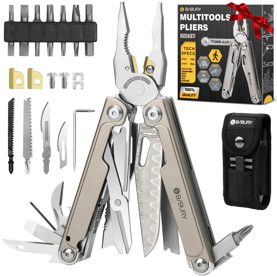 BIBURY Titanium alloy multitool with Damascus knife for durable outdoor cutting.