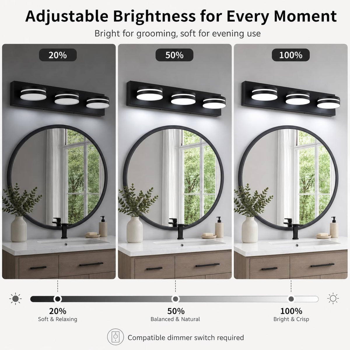 Bicrink 5500K cool white light renders natural facial illumination for daily tasks.
