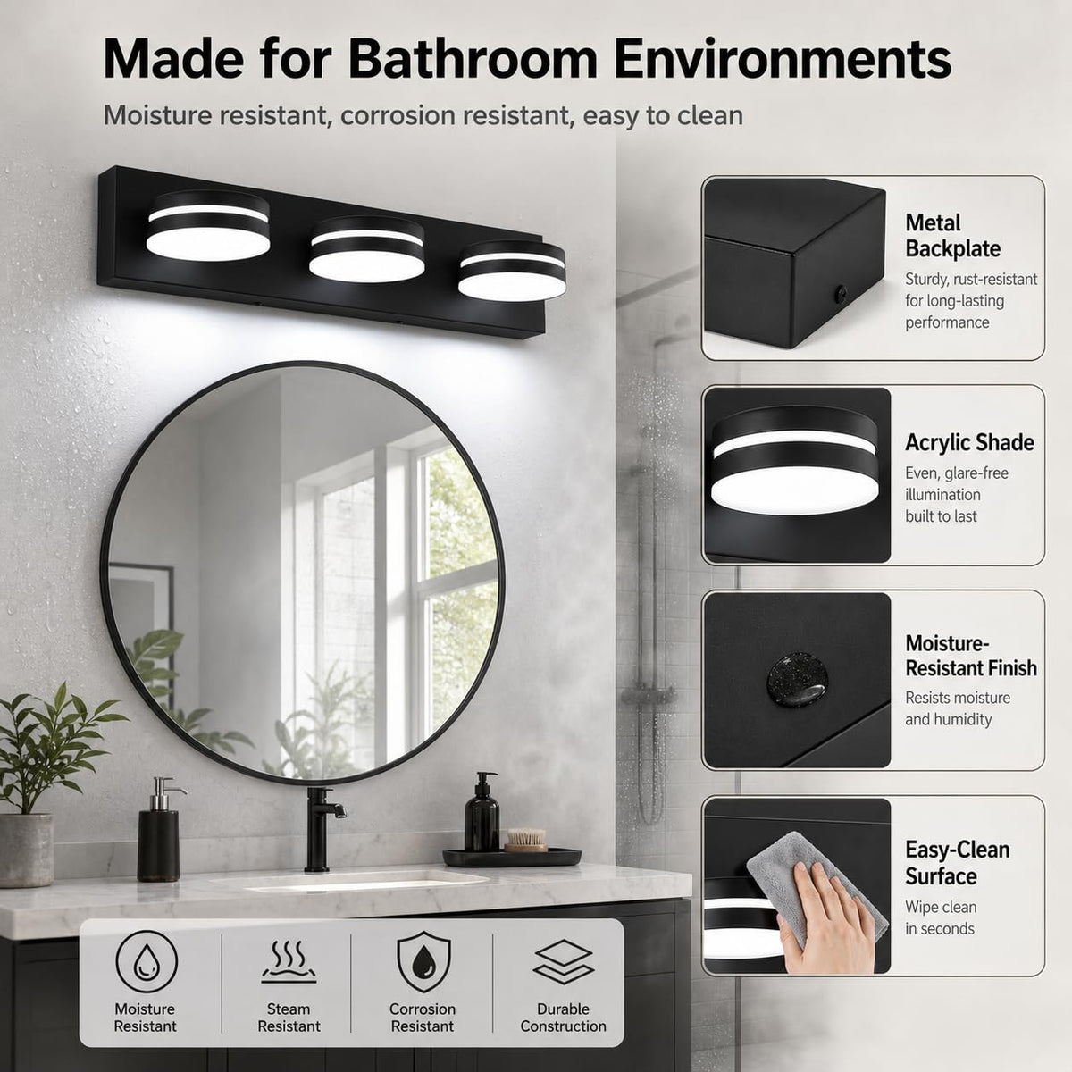 Bicrink anti-corrosion materials ensure durable bathroom lighting in humid environments.