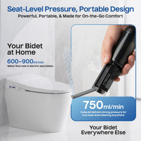 Bidet Buddy CubeJet charging scene highlights USB-C power for travel use.