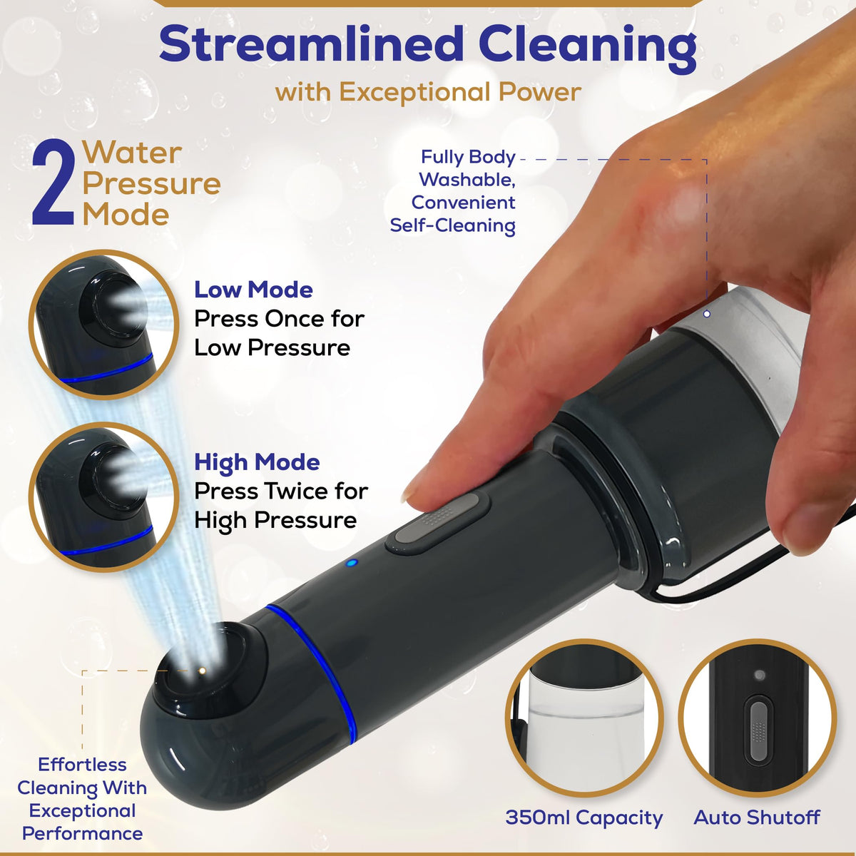 Bidet Buddy LuxeJet continuous water flow with safety shut-off for control.