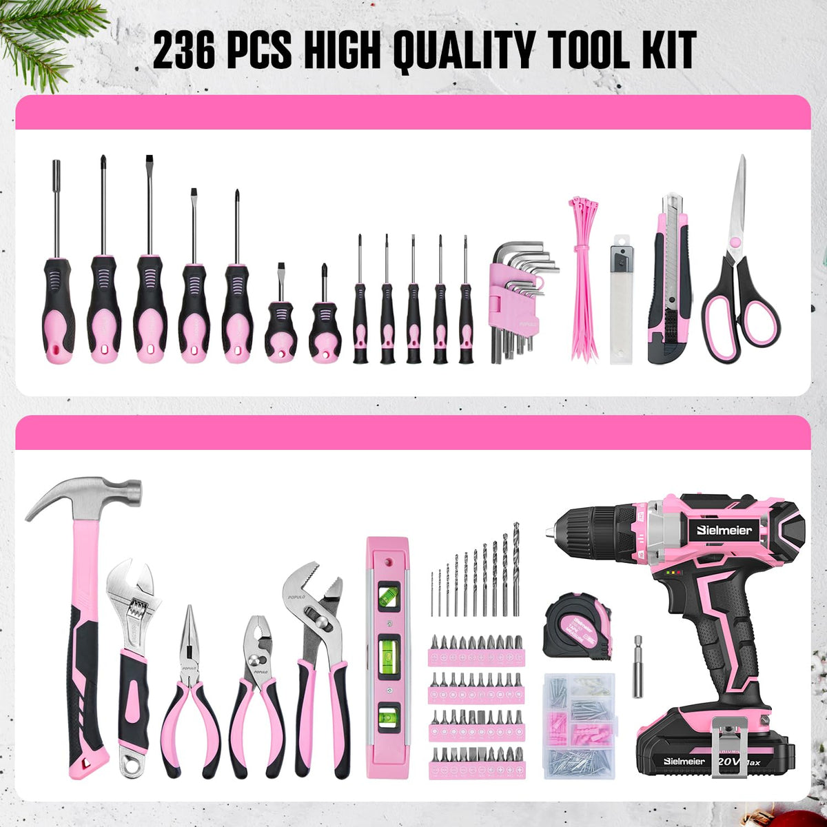 Bielmeier pink drill kit box shows accessories and bits.