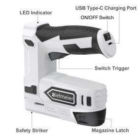 Bielmeier versatile tool compatible with T50 staples and brad nails.