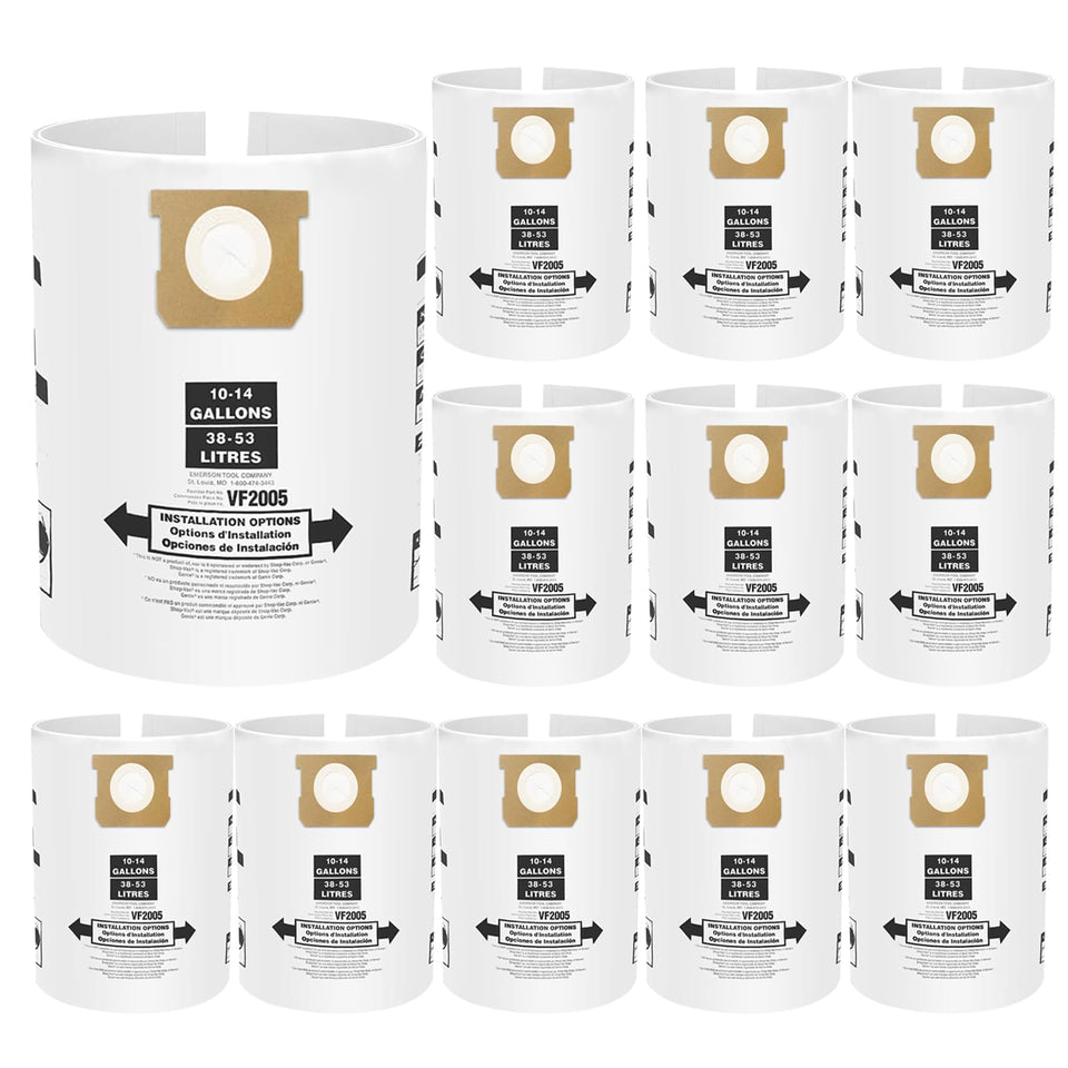BIHARNT VF2005 pack front view highlighting 12 bags for 10-14 gallon vacuums.