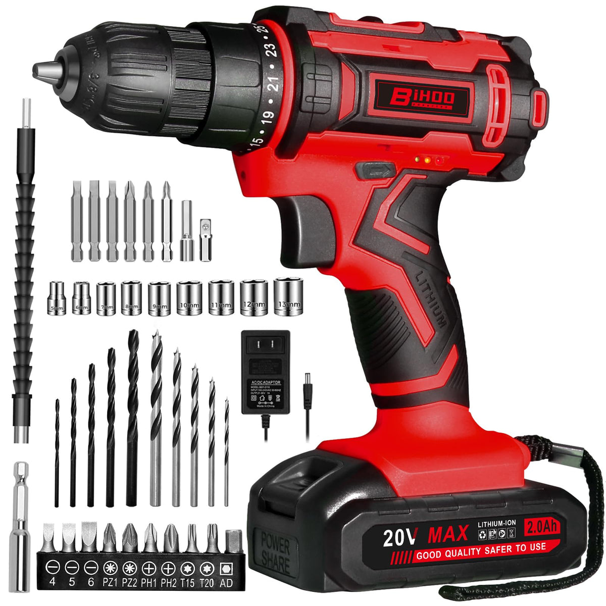 BIHOO cordless drill front view for precise drilling and visibility