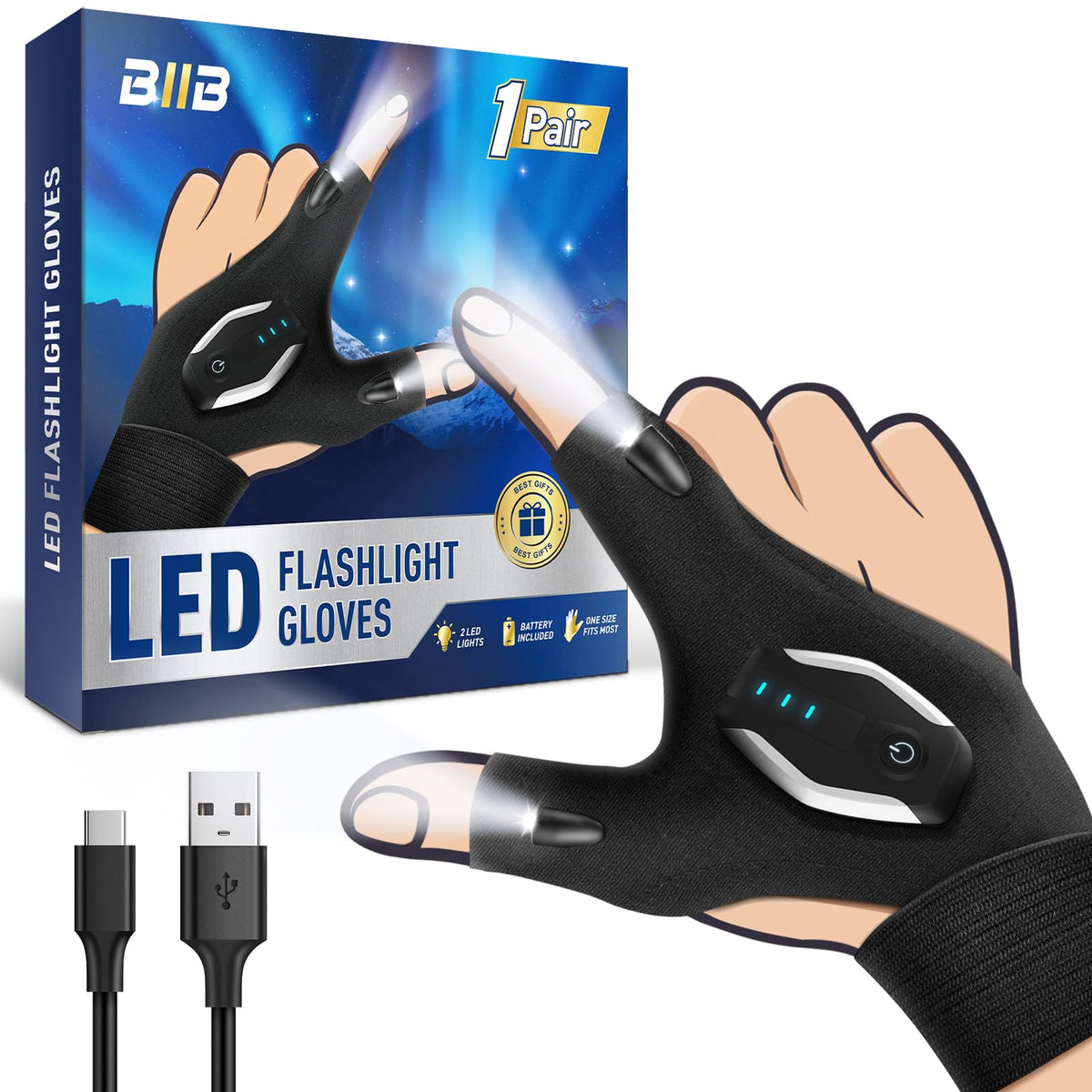 BIIB rechargeable flashlight gloves with two LEDs on fingers for hands-free illumination during night tasks