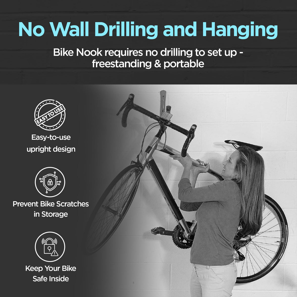Bike Nook safety strap secures bike during storage and handling