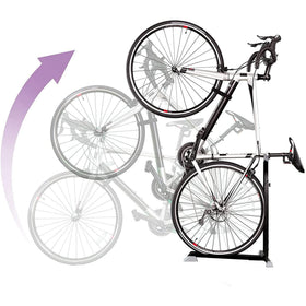 Bike Nook vertical bicycle stand installation shows drill-free, space-saving setup