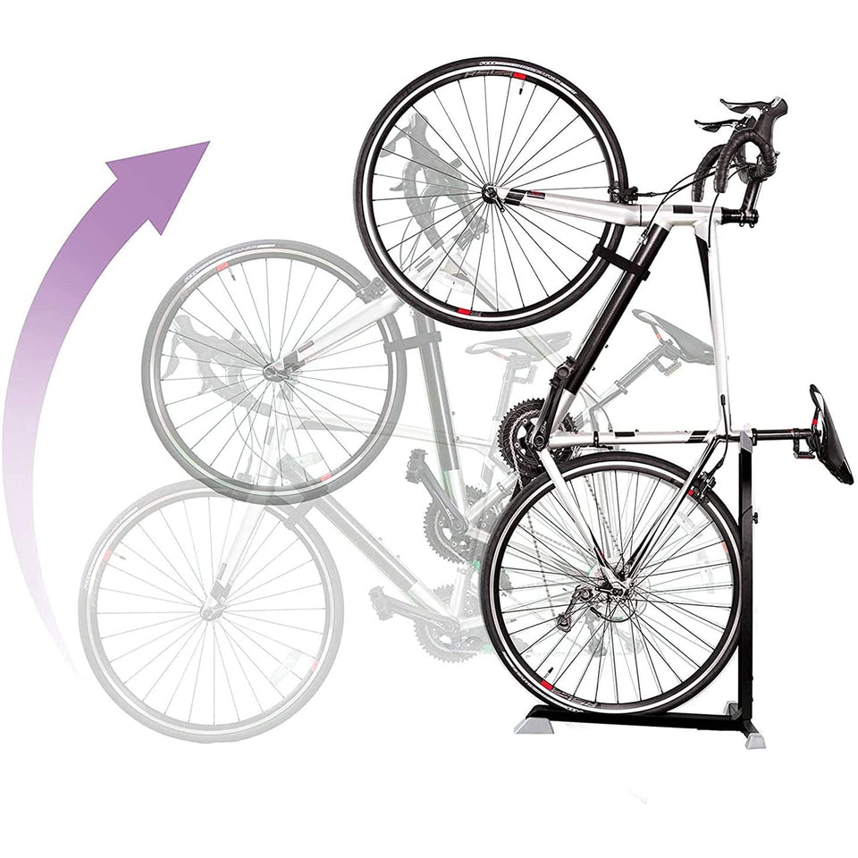 Bike Nook vertical bicycle stand installation shows drill-free, space-saving setup