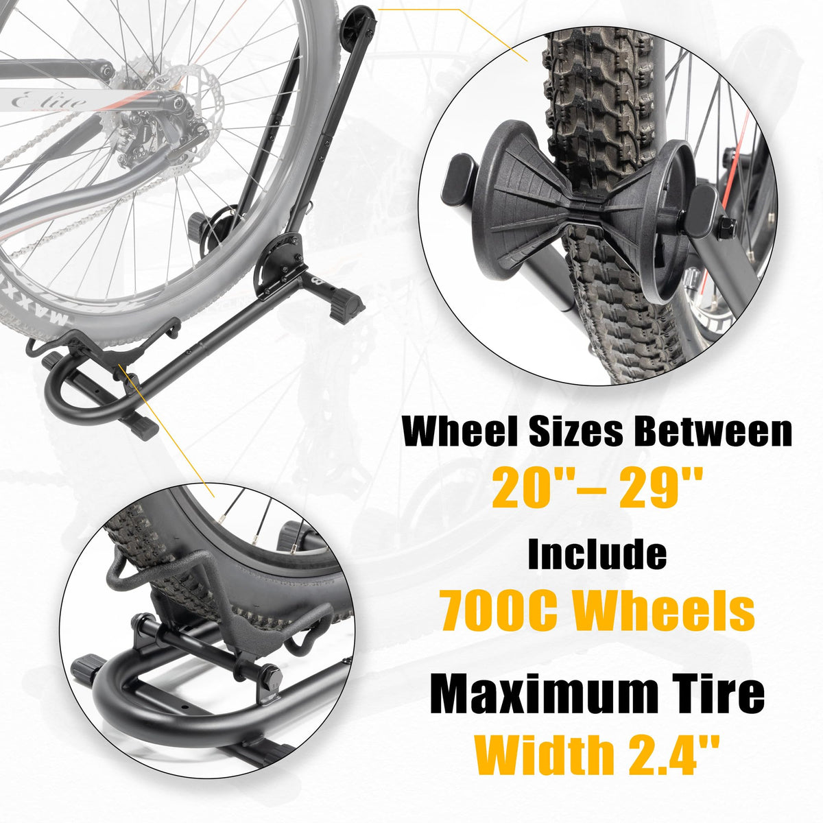 BikeHand Foldable Bike Stand with three-point tire support for wheel security.