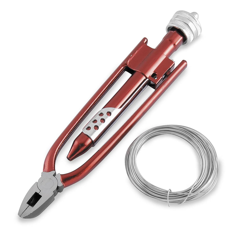 BikeMaster safety wire pliers with wire, demonstrating precise clamping for secure, quick-fastening repairs.