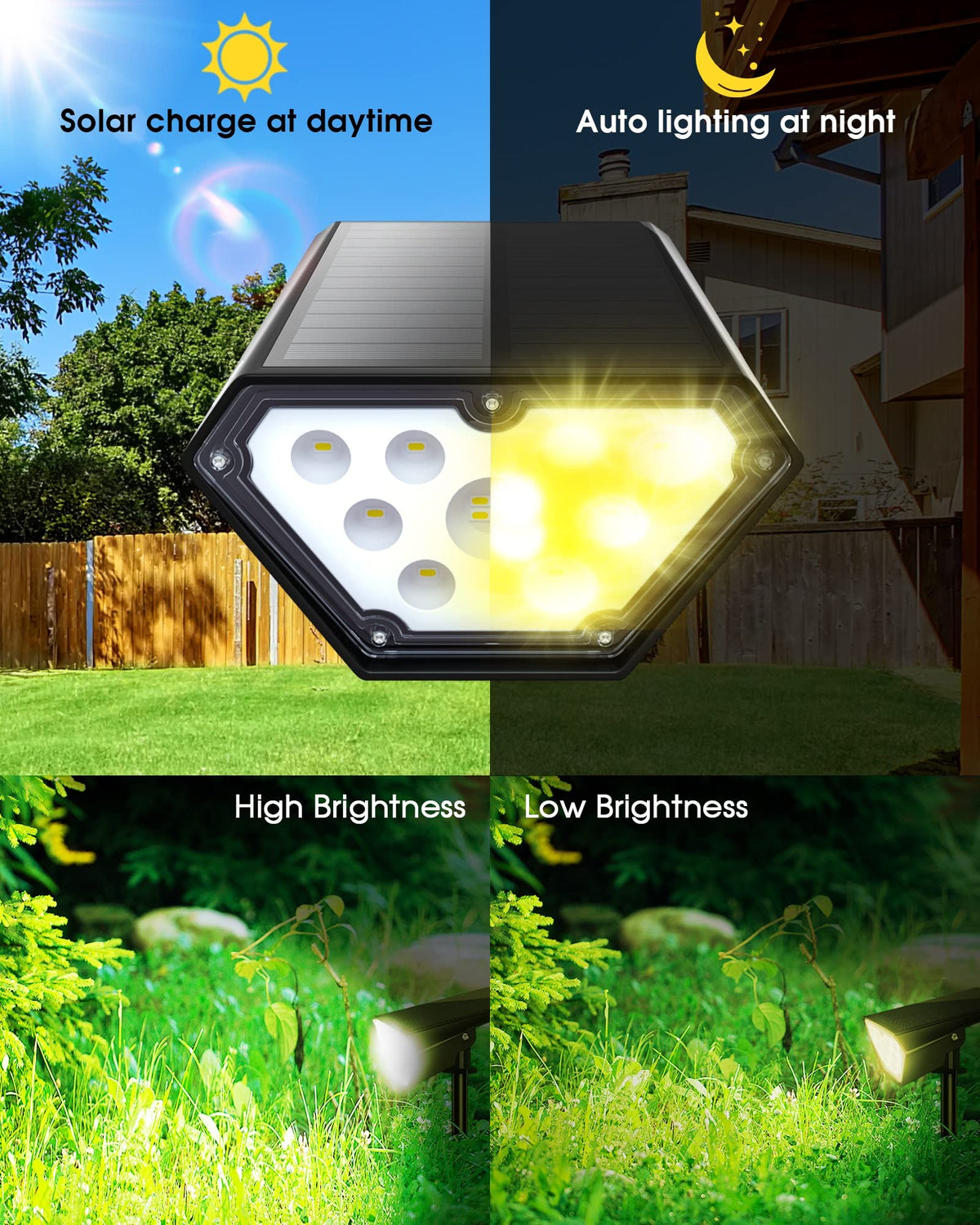 Biling Solar Spot Lights highlight a tree and yard features for night ambiance.